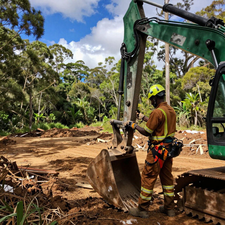 Crew member operating an excavator during a land clearing job